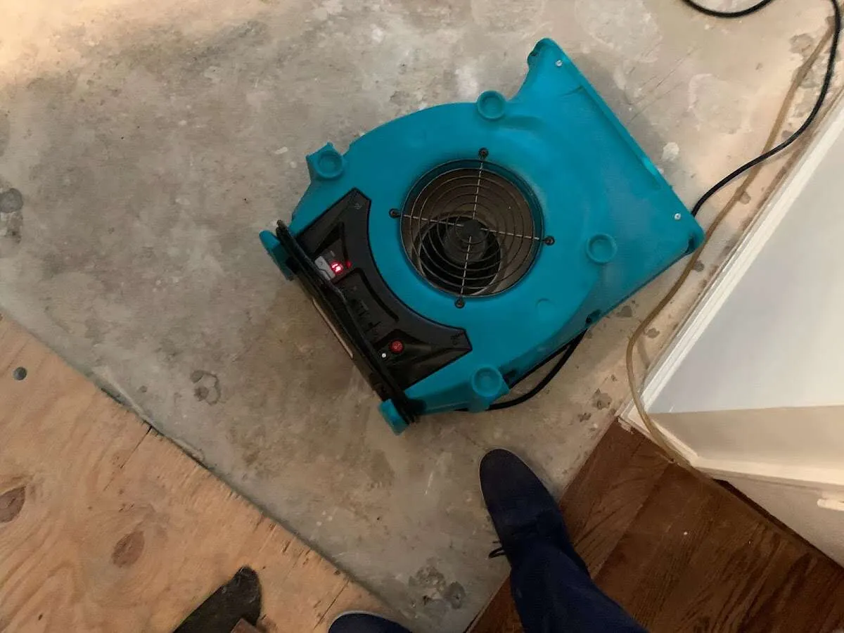 Air mover drying subfloor during Leak Detection & Repair in Albert Lea